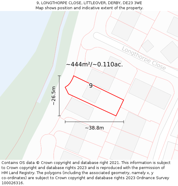 9, LONGTHORPE CLOSE, LITTLEOVER, DERBY, DE23 3WE: Plot and title map