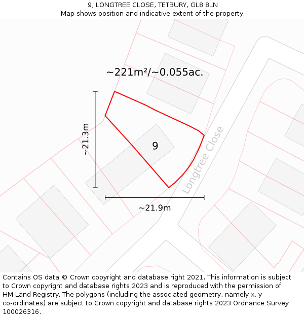 9, LONGTREE CLOSE, TETBURY, GL8 8LN: Plot and title map