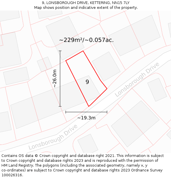 9, LONSBOROUGH DRIVE, KETTERING, NN15 7LY: Plot and title map