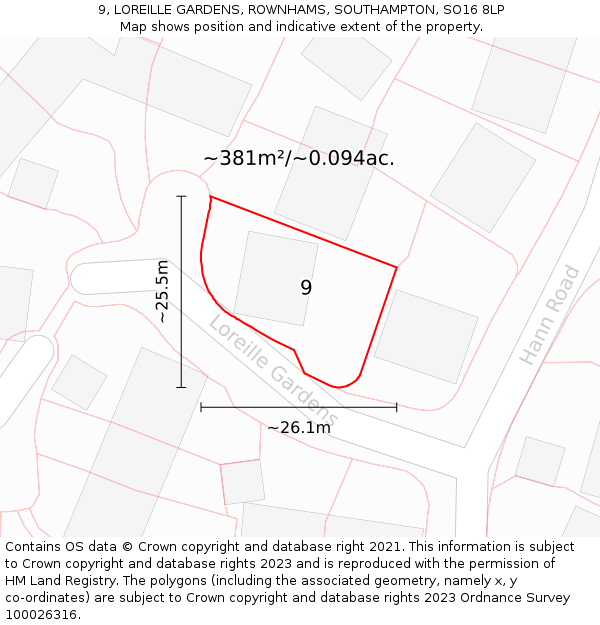 9, LOREILLE GARDENS, ROWNHAMS, SOUTHAMPTON, SO16 8LP: Plot and title map
