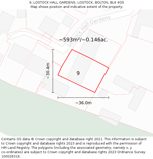 9, LOSTOCK HALL GARDENS, LOSTOCK, BOLTON, BL6 4GS: Plot and title map
