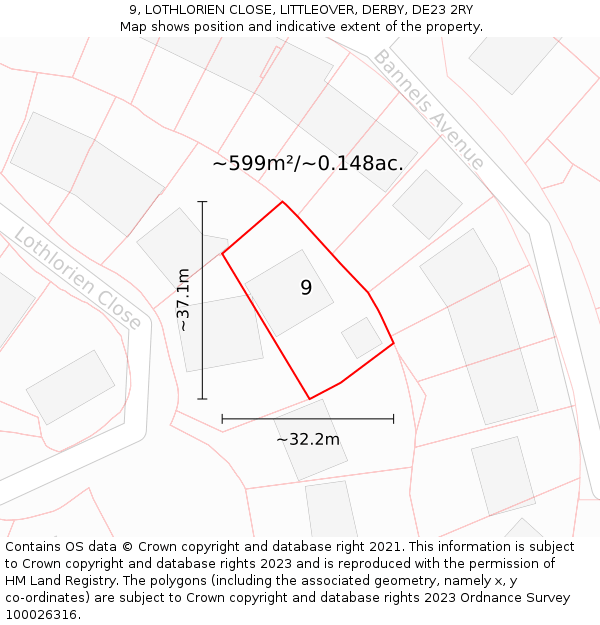 9, LOTHLORIEN CLOSE, LITTLEOVER, DERBY, DE23 2RY: Plot and title map