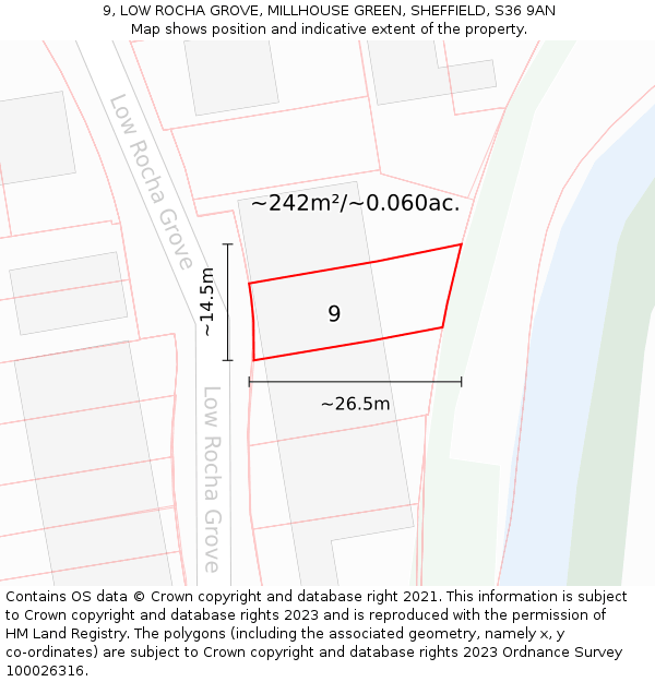 9, LOW ROCHA GROVE, MILLHOUSE GREEN, SHEFFIELD, S36 9AN: Plot and title map