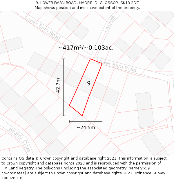 9, LOWER BARN ROAD, HADFIELD, GLOSSOP, SK13 2DZ: Plot and title map