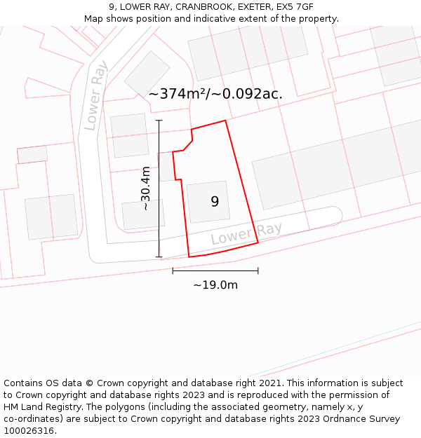 9, LOWER RAY, CRANBROOK, EXETER, EX5 7GF: Plot and title map
