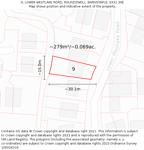 9, LOWER WESTLAKE ROAD, ROUNDSWELL, BARNSTAPLE, EX31 3XE: Plot and title map