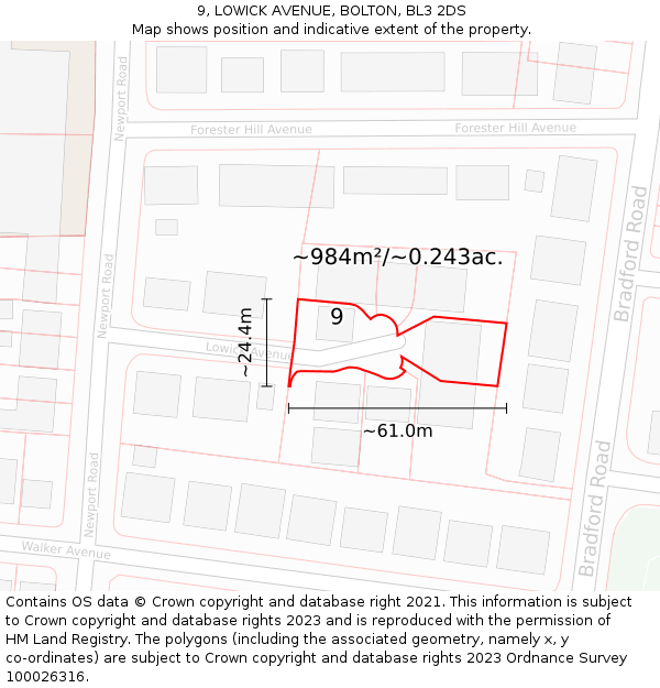 9, LOWICK AVENUE, BOLTON, BL3 2DS: Plot and title map