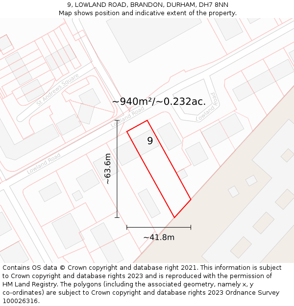 9, LOWLAND ROAD, BRANDON, DURHAM, DH7 8NN: Plot and title map