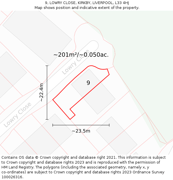 9, LOWRY CLOSE, KIRKBY, LIVERPOOL, L33 4HJ: Plot and title map