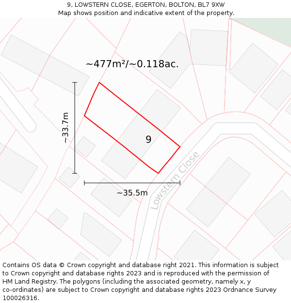 9, LOWSTERN CLOSE, EGERTON, BOLTON, BL7 9XW: Plot and title map