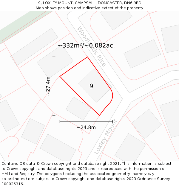 9, LOXLEY MOUNT, CAMPSALL, DONCASTER, DN6 9RD: Plot and title map