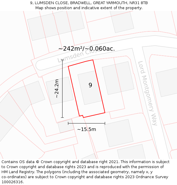 9, LUMSDEN CLOSE, BRADWELL, GREAT YARMOUTH, NR31 8TB: Plot and title map