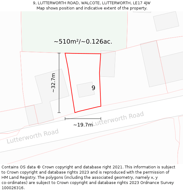 9, LUTTERWORTH ROAD, WALCOTE, LUTTERWORTH, LE17 4JW: Plot and title map