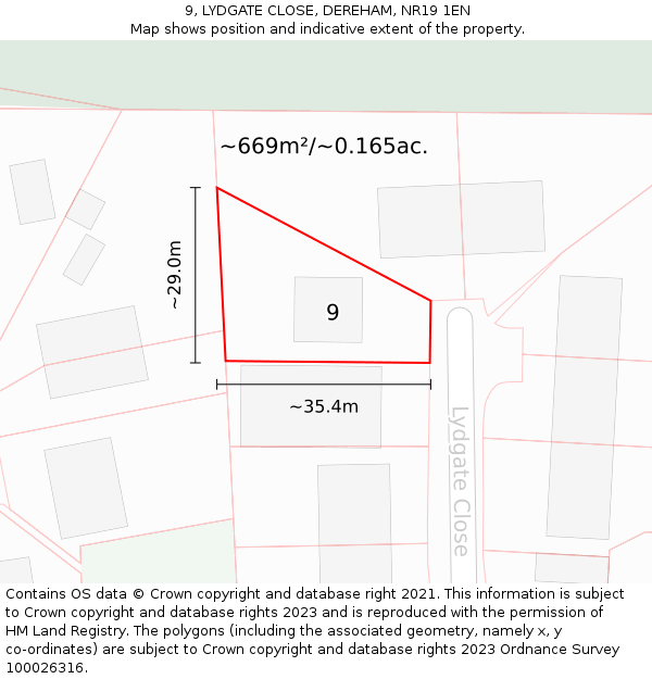 9, LYDGATE CLOSE, DEREHAM, NR19 1EN: Plot and title map
