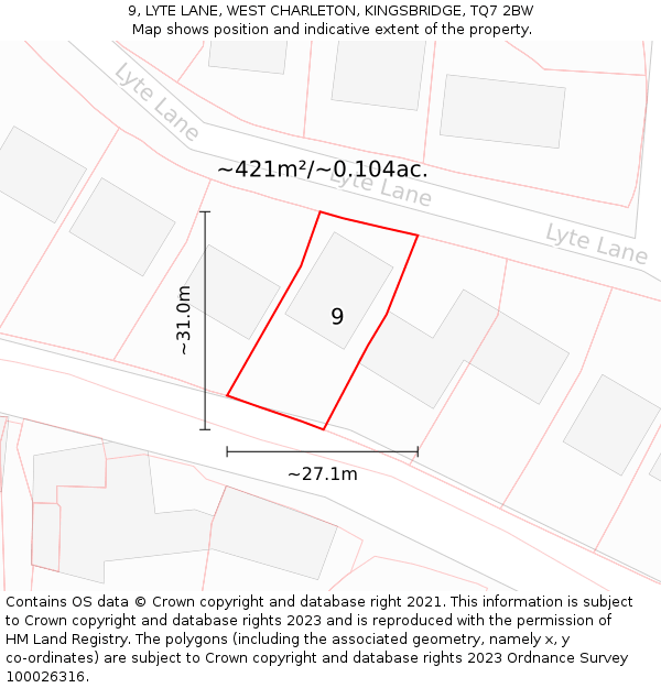 9, LYTE LANE, WEST CHARLETON, KINGSBRIDGE, TQ7 2BW: Plot and title map