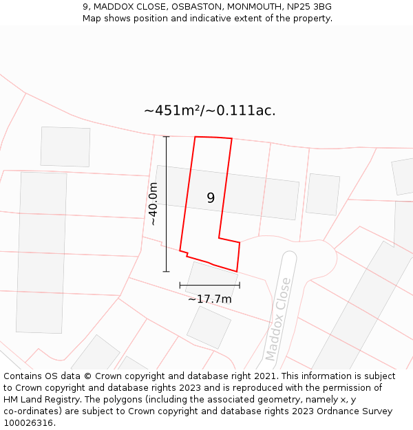 9, MADDOX CLOSE, OSBASTON, MONMOUTH, NP25 3BG: Plot and title map