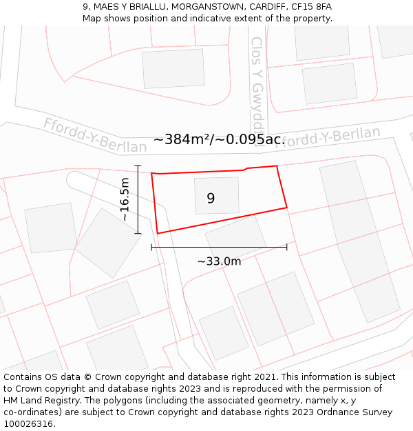 9, MAES Y BRIALLU, MORGANSTOWN, CARDIFF, CF15 8FA: Plot and title map