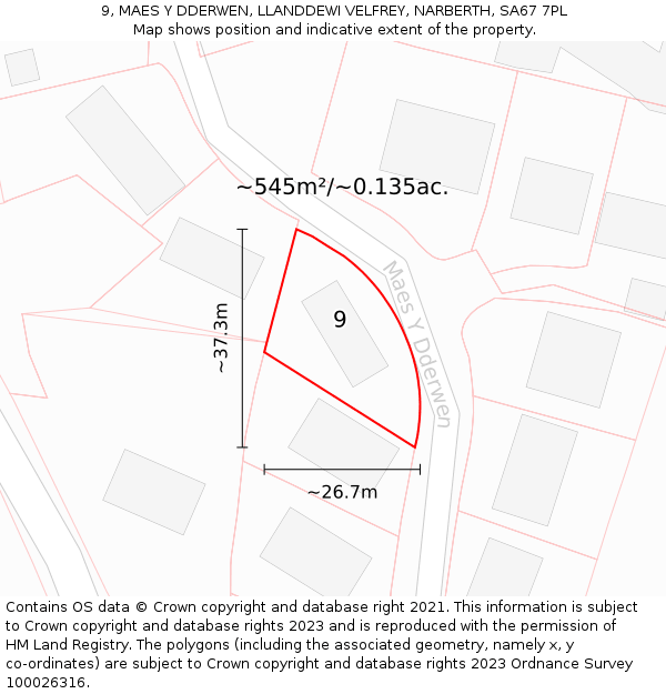 9, MAES Y DDERWEN, LLANDDEWI VELFREY, NARBERTH, SA67 7PL: Plot and title map