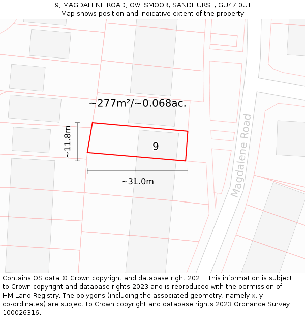 9, MAGDALENE ROAD, OWLSMOOR, SANDHURST, GU47 0UT: Plot and title map