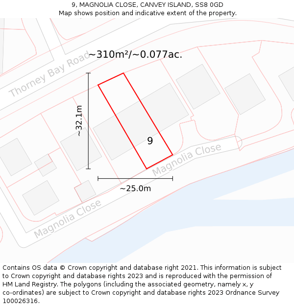 9, MAGNOLIA CLOSE, CANVEY ISLAND, SS8 0GD: Plot and title map
