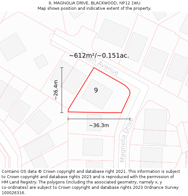 9, MAGNOLIA DRIVE, BLACKWOOD, NP12 1WU: Plot and title map