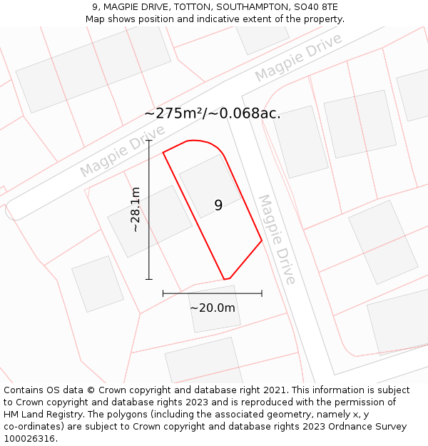 9, MAGPIE DRIVE, TOTTON, SOUTHAMPTON, SO40 8TE: Plot and title map