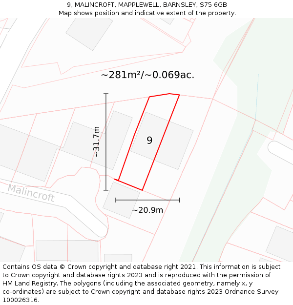 9, MALINCROFT, MAPPLEWELL, BARNSLEY, S75 6GB: Plot and title map