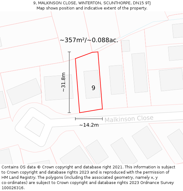 9, MALKINSON CLOSE, WINTERTON, SCUNTHORPE, DN15 9TJ: Plot and title map