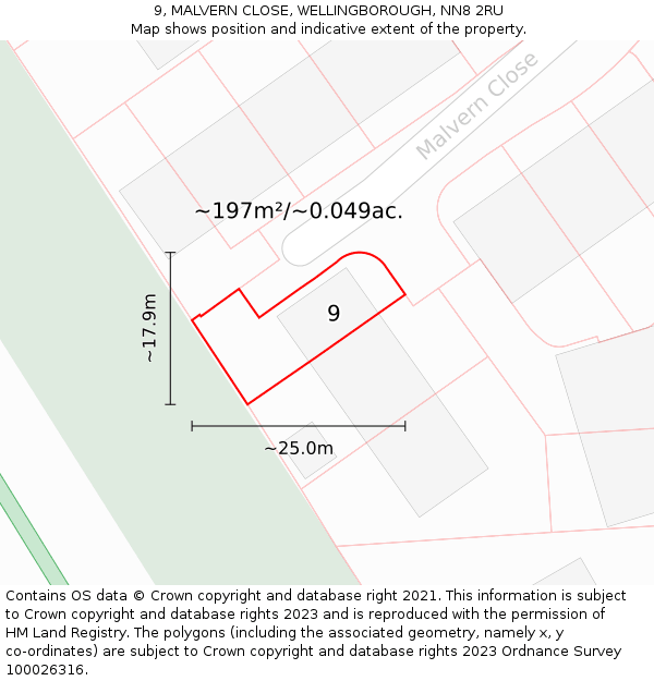 9, MALVERN CLOSE, WELLINGBOROUGH, NN8 2RU: Plot and title map