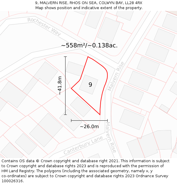 9, MALVERN RISE, RHOS ON SEA, COLWYN BAY, LL28 4RX: Plot and title map