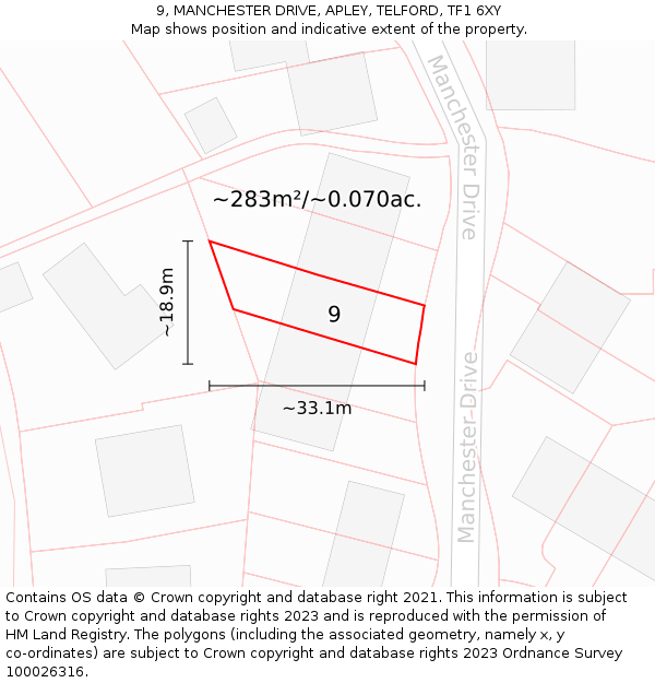 9, MANCHESTER DRIVE, APLEY, TELFORD, TF1 6XY: Plot and title map