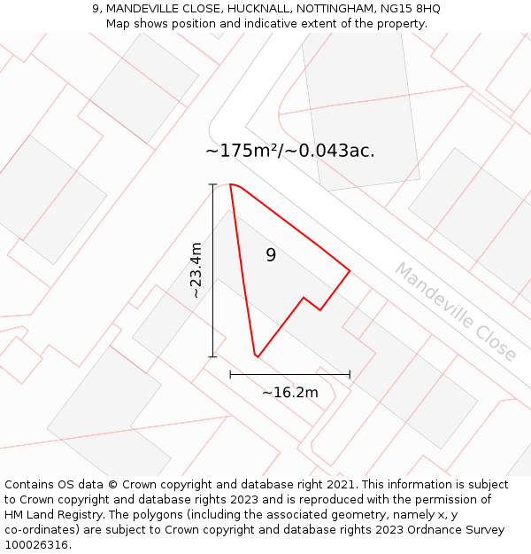 9, MANDEVILLE CLOSE, HUCKNALL, NOTTINGHAM, NG15 8HQ: Plot and title map