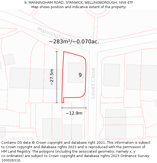 9, MANNINGHAM ROAD, STANWICK, WELLINGBOROUGH, NN9 6TF: Plot and title map