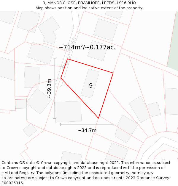 9, MANOR CLOSE, BRAMHOPE, LEEDS, LS16 9HQ: Plot and title map