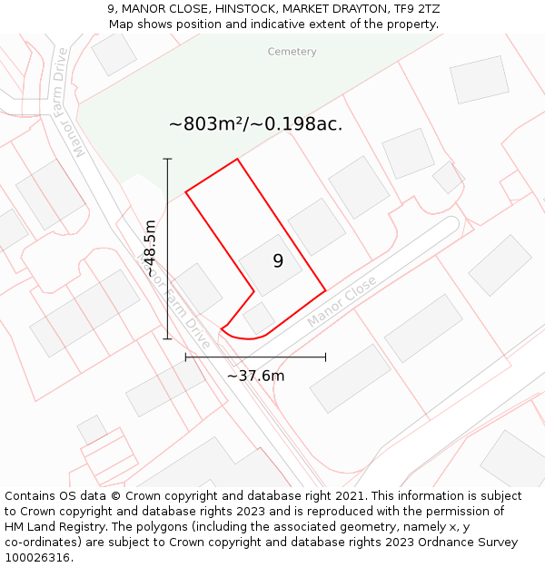 9, MANOR CLOSE, HINSTOCK, MARKET DRAYTON, TF9 2TZ: Plot and title map