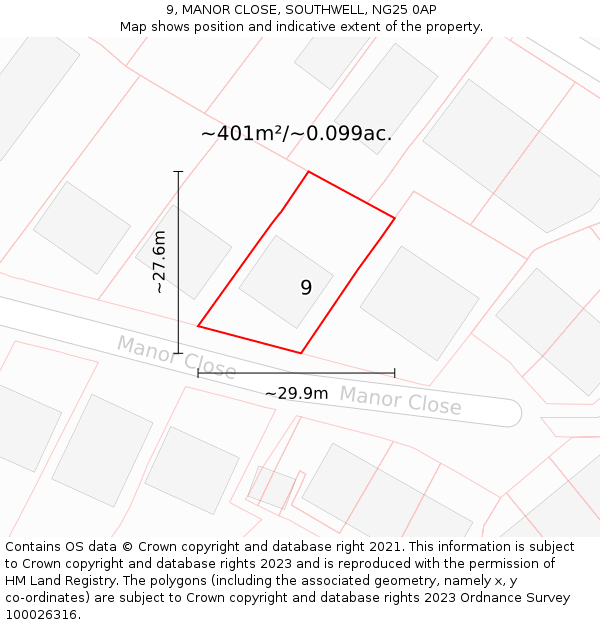 9, MANOR CLOSE, SOUTHWELL, NG25 0AP: Plot and title map
