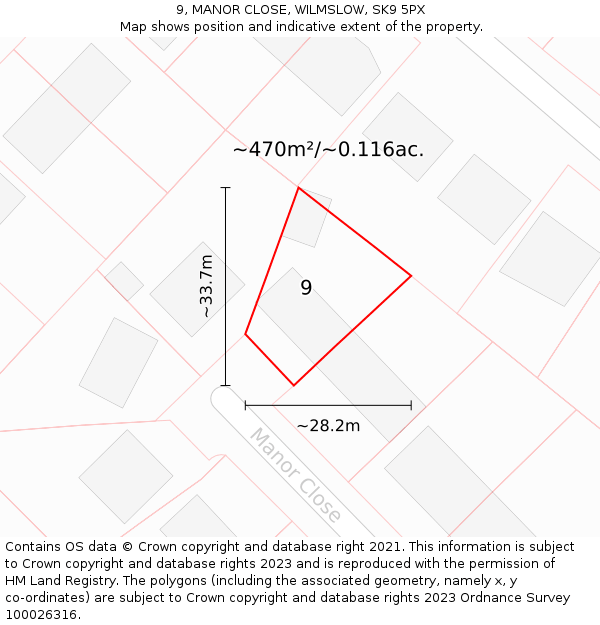 9, MANOR CLOSE, WILMSLOW, SK9 5PX: Plot and title map