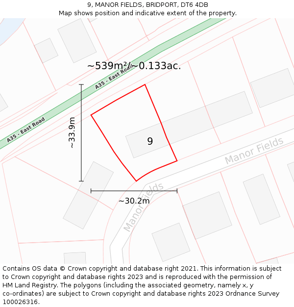 9, MANOR FIELDS, BRIDPORT, DT6 4DB: Plot and title map
