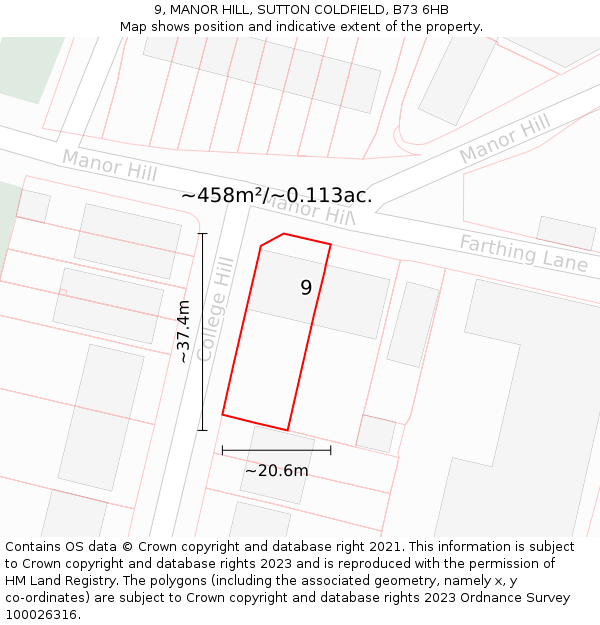 9, MANOR HILL, SUTTON COLDFIELD, B73 6HB: Plot and title map