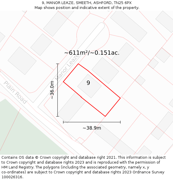 9, MANOR LEAZE, SMEETH, ASHFORD, TN25 6PX: Plot and title map