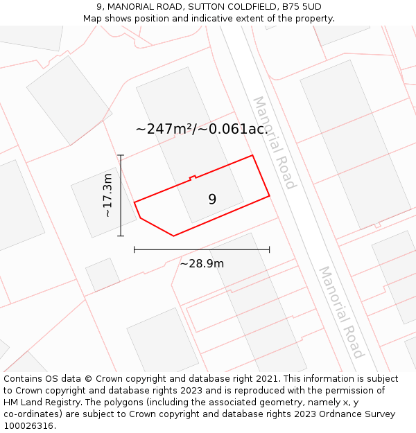 9, MANORIAL ROAD, SUTTON COLDFIELD, B75 5UD: Plot and title map