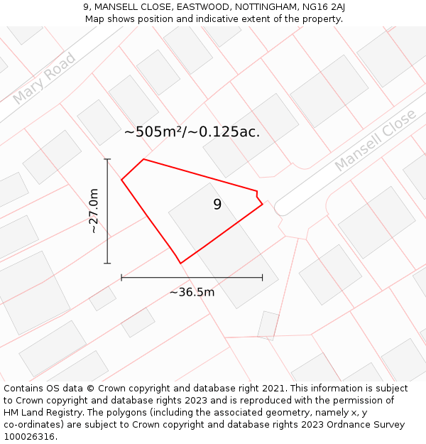 9, MANSELL CLOSE, EASTWOOD, NOTTINGHAM, NG16 2AJ: Plot and title map