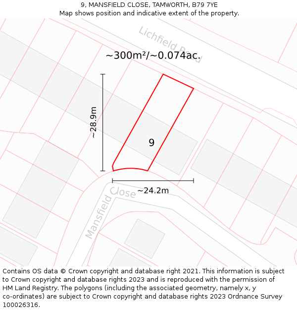 9, MANSFIELD CLOSE, TAMWORTH, B79 7YE: Plot and title map
