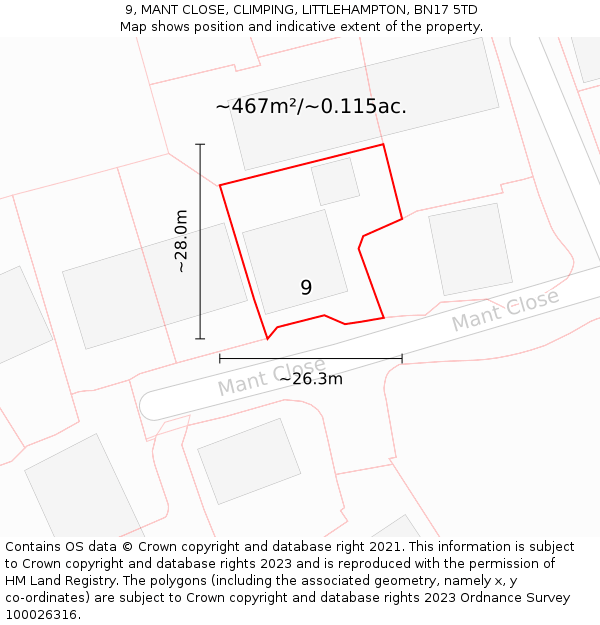 9, MANT CLOSE, CLIMPING, LITTLEHAMPTON, BN17 5TD: Plot and title map