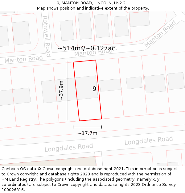 9, MANTON ROAD, LINCOLN, LN2 2JL: Plot and title map