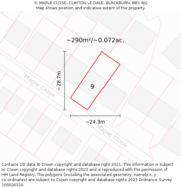 9, MAPLE CLOSE, CLAYTON LE DALE, BLACKBURN, BB1 9JG: Plot and title map