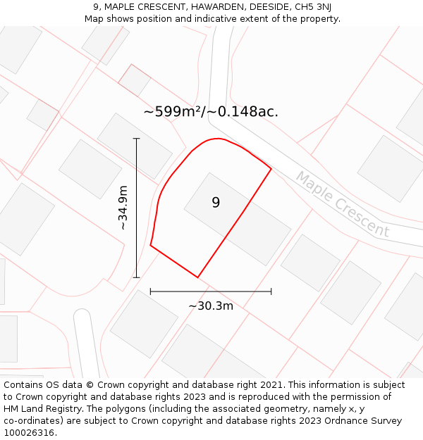 9, MAPLE CRESCENT, HAWARDEN, DEESIDE, CH5 3NJ: Plot and title map