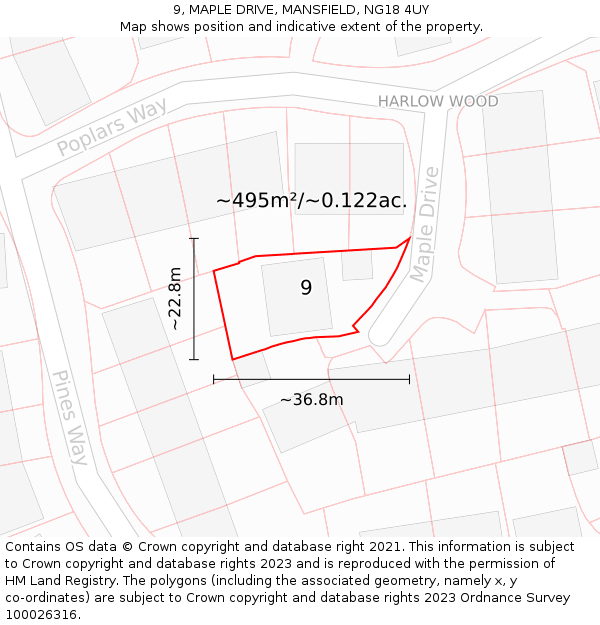 9, MAPLE DRIVE, MANSFIELD, NG18 4UY: Plot and title map