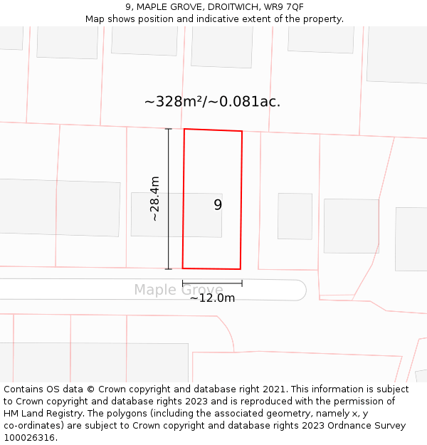 9, MAPLE GROVE, DROITWICH, WR9 7QF: Plot and title map