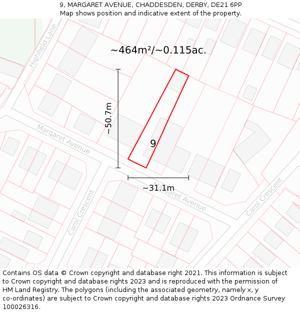 9, MARGARET AVENUE, CHADDESDEN, DERBY, DE21 6PP: Plot and title map